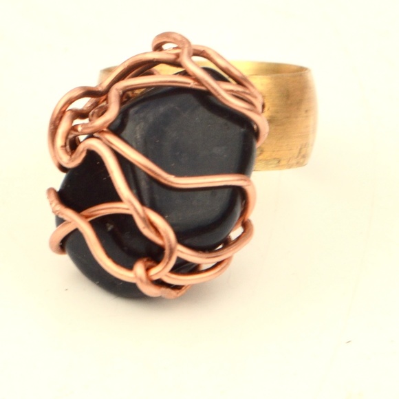 Conceptual Subculture Jewelry - Custom Natural Black Onyx Brass Copper Ring Size